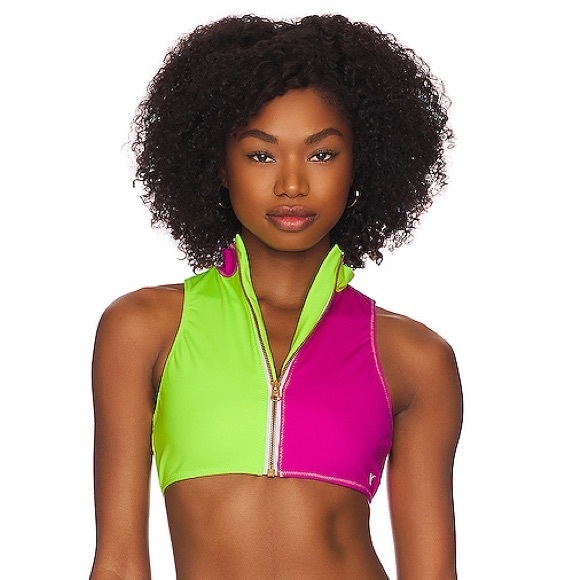 LoveShackFancy x Hurley High Neck Colorblock Bikini Top Lime Magenta - Picture 3 of 9